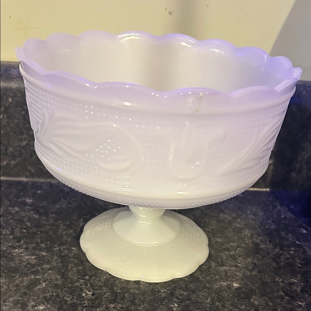 White Milk Glass Scalloped Edge Pedestal Bowl